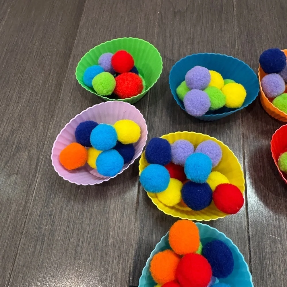 NWOT Colorful Pom Pom Sorting Toy Set with Silicone Cups Toddlers Kids